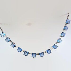 Vintage Art Deco Necklace Sterling Silver: Antique, Blue Glass Faceted